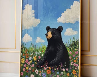 Black Bear Digital Print, Bright Vibrant Woodland Animal Art, Colorful Nursery Wall Art For Kids Or Children's Room Downloadable