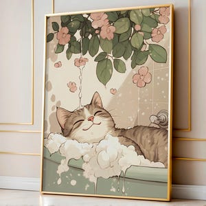 Tabby Cat in Bathtub, Japanese Bathroom Decor, Japan Art Print, Aesthetic Wall Art, Neutral Minimalist Poster, Funny Cat Digital Download