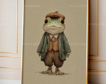 Vintage Frog Drawing, Whimsical Animal Illustration, Cute Frog Character Art, Soft Storybook Wall Print