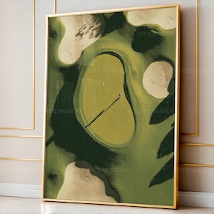 Puede incluir: Impresión artística abstracta de un campo de golf en un marco dorado. La obra de arte presenta un campo de golf verde con un golfista y una larga sombra. El fondo incluye formas beige y verde oscuro, y la impresión está etiquetada como "printpawssible".