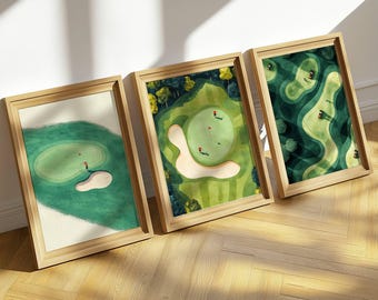 Tiny Golfers Wall Art Bundle, Set of 3 Minimalist Golf Prints, Vintage Sports Decor, 2 Player Golf Scenes, Digital Download
