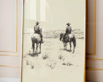 Cowboys on Horses Sketch Print, Western Wall Art, Farmhouse Wall Decor Country Art, Vintage Horse Sketch, Retroniva PRINTABLE Art