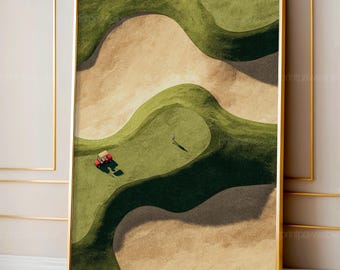 Golf Sandfang Art Print, minimalistisches abstraktes Platz Wandbild, winziger Golfer und Golfwagen Digital Vintage Decor