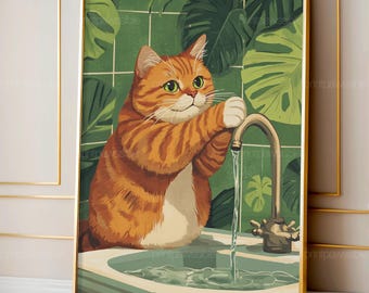 Funny Orange Tabby Cat Bathroom Print, Wash Your Paws Toilet Wall Art, Cute Ginger Cat Bathroom Decor, Printable Cat Poster, Digital Art