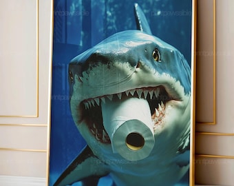 Funny Shark Bathroom Print, Biting Tissue Ocean Theme, Humorous Sea Life Wall Art, Digital Download, Printable Shark Poster, Bathroom Decor