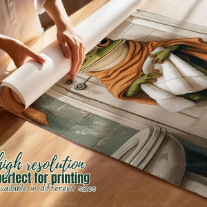 May include: A whimsical illustration of a frog wrapped in a towel, with a green and orange color scheme. The frog is in a bathroom setting. The image includes the text "high resolution perfect for printing available in different sizes".