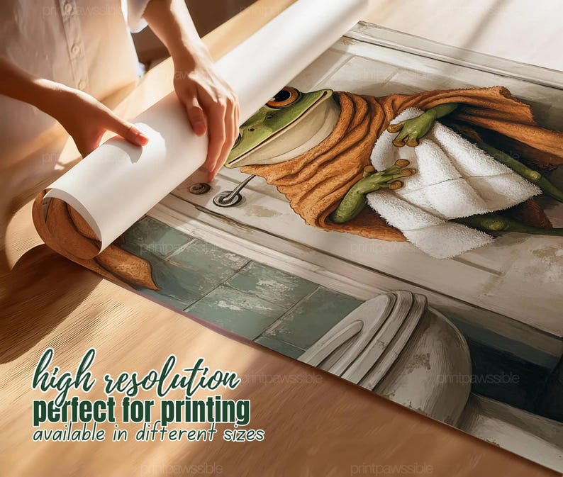 May include: A whimsical illustration of a frog wrapped in a towel, with a green and orange color scheme. The frog is in a bathroom setting. The image includes the text "high resolution perfect for printing available in different sizes".