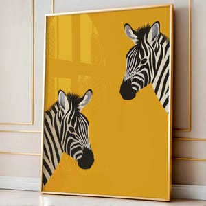 Arte de pared imprimible de cebra, impresión de ilustración de animal grande, impresión de arte de cebra, decoración de habitación preppy, póster amarillo ecléctico, arte de pared colorido