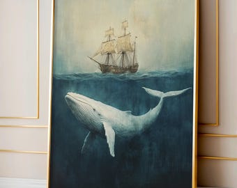 Vintage Ship Poster, Whale And Ship Ocean Art, Giant Whale Wall Print, Majestic Whale Decor, Nautical Home Art, Retro Maritime Artwork