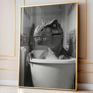 May include: A black and white photograph of a dinosaur taking a bath in a white bathtub. The dinosaur is looking at the camera with a surprised expression.