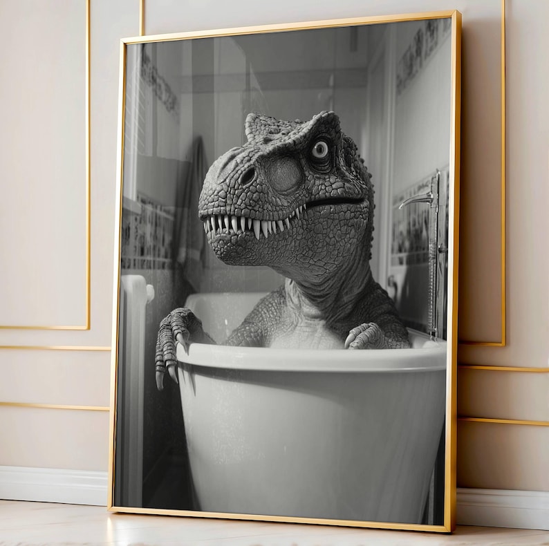 May include: A black and white photograph of a dinosaur taking a bath in a white bathtub. The dinosaur is looking at the camera with a surprised expression.