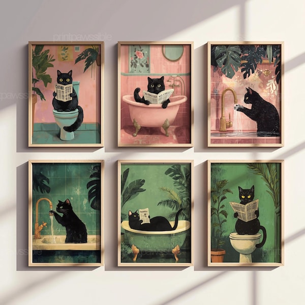 Bathroom Cat Print Set of 6, Funny Cat Bathroom Wall Art Bundle, Pink & Neutral Toilet Humor Posters, Printable Cat Room Decor