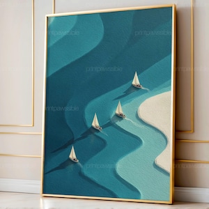 Puede incluir: Una impresión artística enmarcada que presenta una escena oceánica abstracta con veleros. La obra de arte muestra un diseño fluido en tonos de azul y blanco, con cuatro veleros navegando en el agua. El marco es dorado.