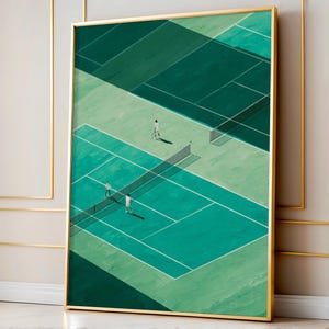 May include: A framed print showing a bird's-eye view of tennis courts in various shades of green. The artwork features players, nets, and white lines. The frame is gold.