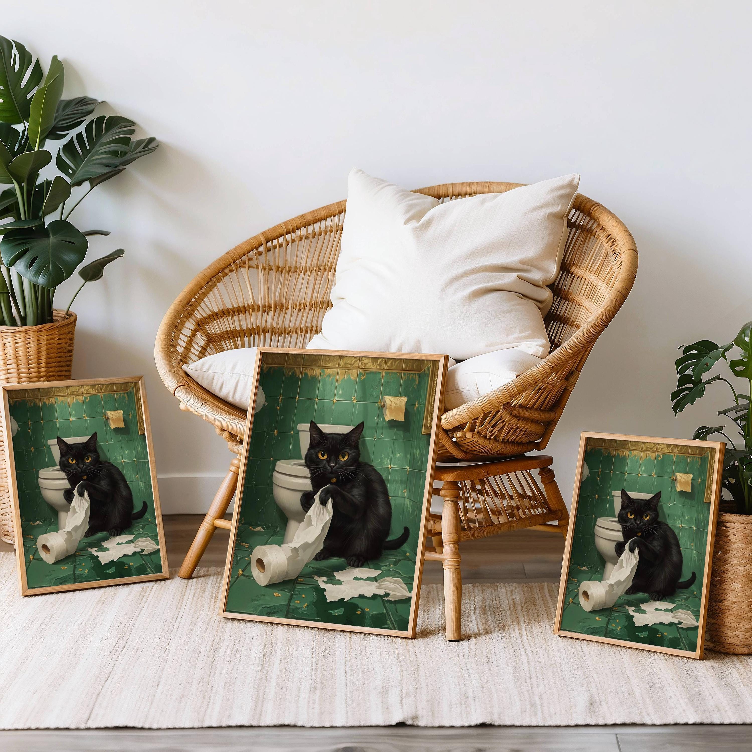 Funny Bathroom Cat Wall Art Set of 3, Black Cat Vintage Green Bathroom ...