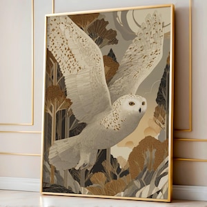 Snowy Owl Art Deco Print: Retro Winter Bird Illustration (Digital Download)