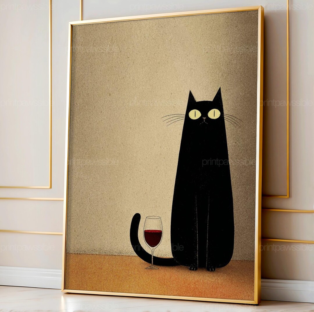 Minimalist Black Cat Wine Poster | Elegant Cat Wall Art | Cozy Kitchen ...