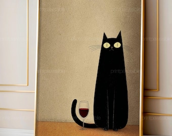 Minimalist Black Cat Wine Poster | Elegant Cat Wall Art | Cozy Kitchen Bar Decor | Digital Cat Illustration | Wine Lover Print