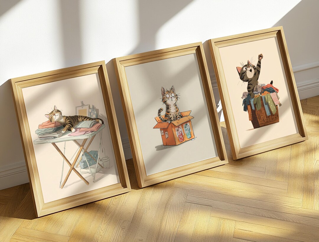 Funny Laundry Room Cat Wall Art Bundle, Tabby Kitten Prints, Whimsical ...