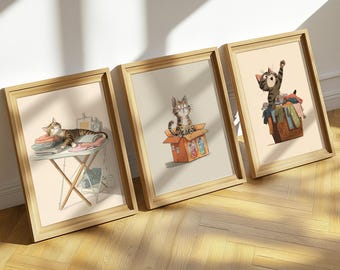 Funny Laundry Room Cat Wall Art Bundle, Tabby Kitten Prints, Whimsical Pet Decor, Detergent Box, Basket & Folding Table Download