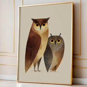 Twee uilen Art Print, grillige duo vogelillustratie, gezellige digitale muurkunst voor kinderkamer, keuken, hal of uniek cadeau