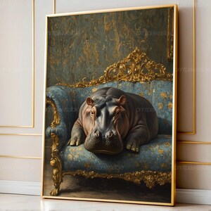 Hippo on Ornate Sofa Art Print, Unique Animal Home Decor, Quirky Wildlife Wall Art, Digital Download, Printable Hippo Wall Poster