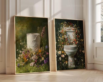 Juego de 2 artículos de aseo y papel higiénico, decoración floral para el baño, arte mural verde para el baño, pintura de flores vintage, flores silvestres con un toque melancólico, arte mural botánico.