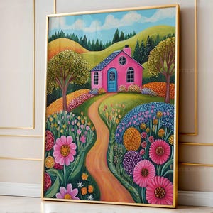 花園パッチワークイラスト、明るくカラフルな夏のデジタルウォールアート、植物の印刷可能な花の風景画デザイン