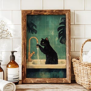 Stampa Lava le tue piccole zampe, stampa digitale per il bagno con un gatto divertente, decorazione con un gatto nero, stampe con vibrazioni esilaranti, download immediato, arte murale per il bagno