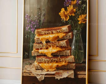 Gegrilde kaas, leuk eten muurkunst, humeurige keuken grappig stilleven schilderij, barwagen kunst, donkere grillige wilde bloemen Cottagecore Digital