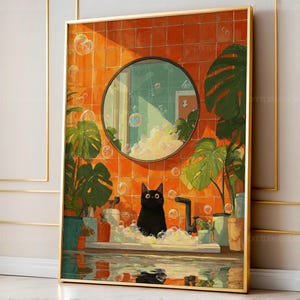 May include: A framed art print depicts a black cat in a bathtub filled with bubbles. The bathroom has orange tile, a round mirror, and potted plants. The artwork has a warm, inviting color palette.
