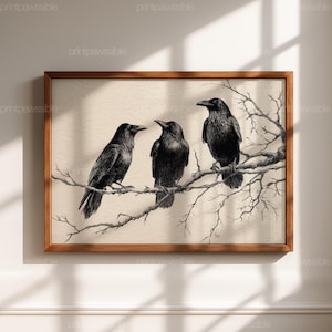 Peut inclure: Une impression encadrée représentant trois corbeaux noirs perchés sur une branche d'arbre. L'œuvre est une illustration détaillée en noir et blanc avec une esthétique vintage. Le cadre est de couleur marron chaud.
