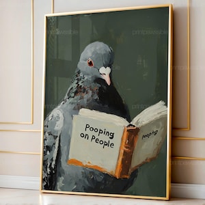 Funny Pigeon Reading Book Print, Humorous Animal Wall Art, Quirky Bird Decor, Digital Download, Printable Bird Poster, Comedic Wildlife Art