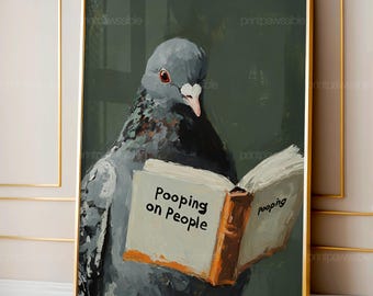Arte divertido de palomas, lámina de pájaro defecando sobre la gente, decoración de pared peculiar para el baño, póster de paloma leyendo un libro, descarga digital humorística