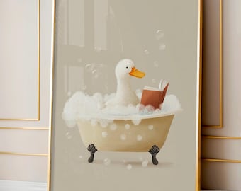 Enten Badewanne Wandkunst, lustiges Badezimmer Dekor Druck, wunderliche Ente im Schaumbad Illustration, gemütliches Bauernhaus Digital Download