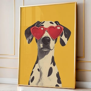 Dalmatian with Red Heart Glasses Print, Cute Dog Wall Art, Fun Kid&#39;s Room Decor, Bold Color Eclectic Print, Playroom Poster, Printable
