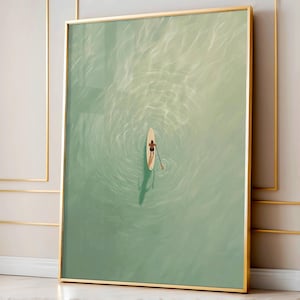 Paddleboarden im Meer Digitale Kunst, Minimal Sommer Poster, hellgrüne Ozean Wandkunst, Strand Haus Dekor, Gelassene Küste Druck
