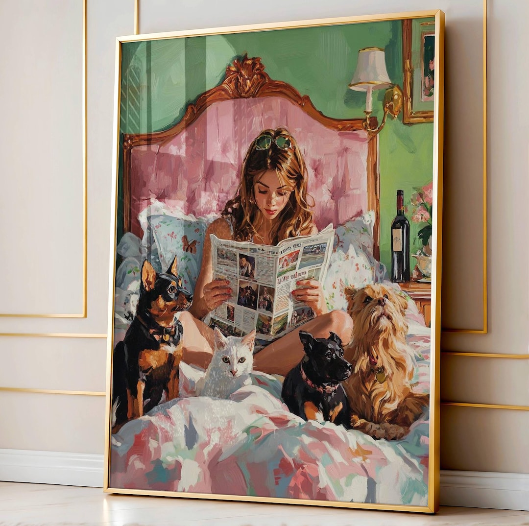 Whimsical Cat Lover Art, Woman Reading With Cats Illustration, Bedroom ...