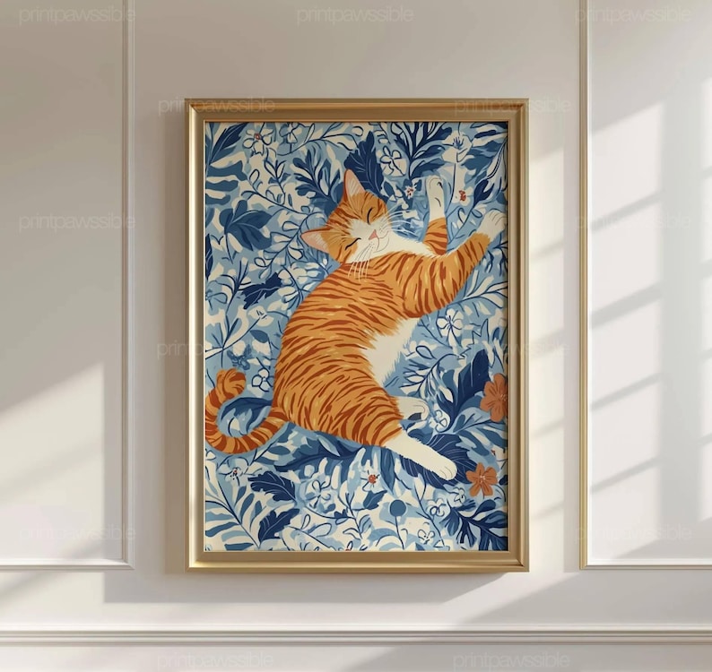 Floral Ginger Cat Print, Whimsical Kitten Wall Art, Cute Cat Printable ...