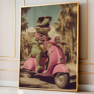 California Dino Scooter Art Print, Pink Retro Wall Decor, Trendy Aesthetic Dinosaur Poster, 1950s Vibes, Girly Room Art