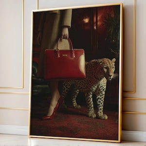 Red Handbag Print, Retro Leopard Fashion Poster, High-End Designer Wall Art, Hypebeast Chic Decor, Luxurious Girl Power Poster