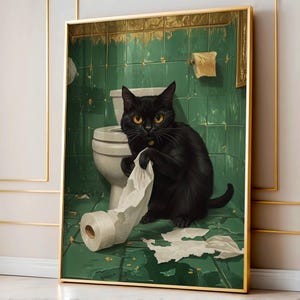 Toilet Paper Cat Print, Mischievous Black Cat Bathroom Art, Funny Cat Wall Decor, Whimsical Digital Download