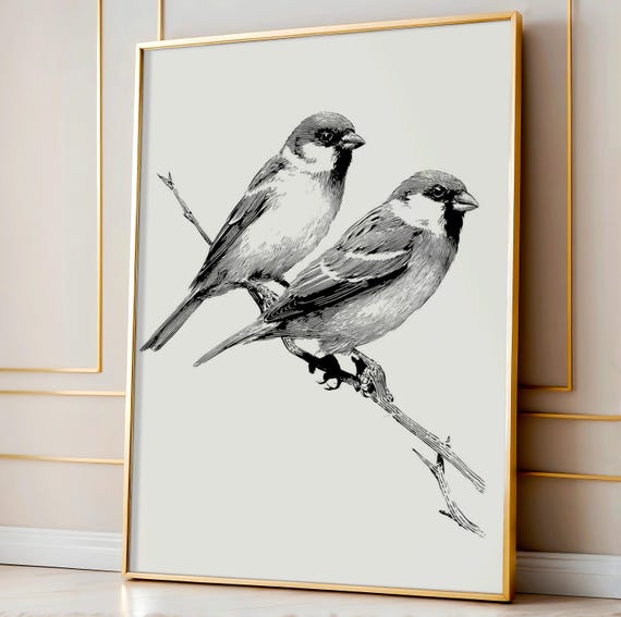 Sparrow Wall Art, Black and White Bird Print, Two Birds Vintage