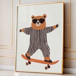 Skateboarden beer kinderkamer print, grillige kinderkamer decor, digitale download dierlijke kunst aan de muur, schattige beer afdrukbare poster, leuke kinderkunstwerken