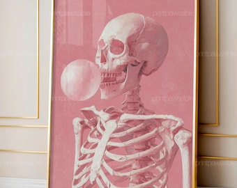 Estampado de esqueleto caprichoso con chicle - Arte de pared gótico pastel adorable, pintura digital de esqueleto rosa juguetón para Halloween
