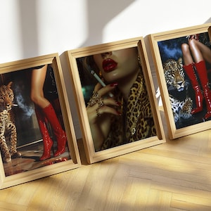 Set of 3 Trendy Red Boots Print Retro Leopard Poster High Fashion Poster Hypebeast Aesthetics Luxurious Wall Art Chic Designer Poster Bundle