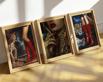 Set van 3 trendy posters met rode laarzenprint, retro luipaardprint, high fashion poster, hypebeast esthetiek, luxe muurdecoratie, chique designer posterbundel