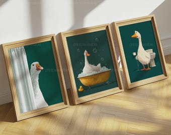 Funny Goose Bathroom Art Set, Silly Green Bathroom Prints for Kids, Quirky Goose Wall Decor, Nursery Animal Toilet Humor Bundle