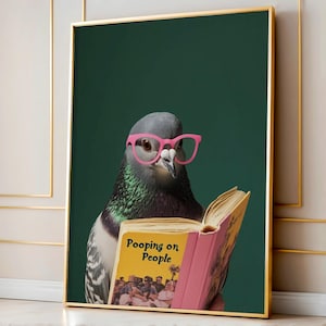 Funny Pigeon Reading Pooping on People, Trendy Bathroom Humor Art, Digital Bathroom Print, Funny Home Decor, Downloadable Art Print