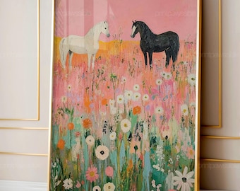 Pink Cowgirls Art, Pink Cowgirl Print, Coastal Cowgirl Wall Poster, Vintage Horse Wall Art, Boho Countryside Digital Print